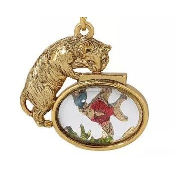 NEW 1928 Gold Tone Cat & Fishbowl Pendant Necklace - Picture 2 of 7